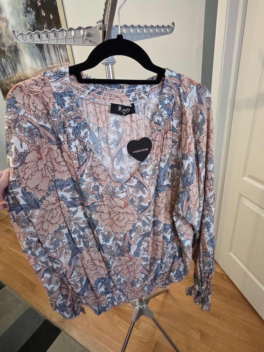 Meritt Floral V-Neck Peasant Blouse - Peach & Blue - Picture 2 of 16